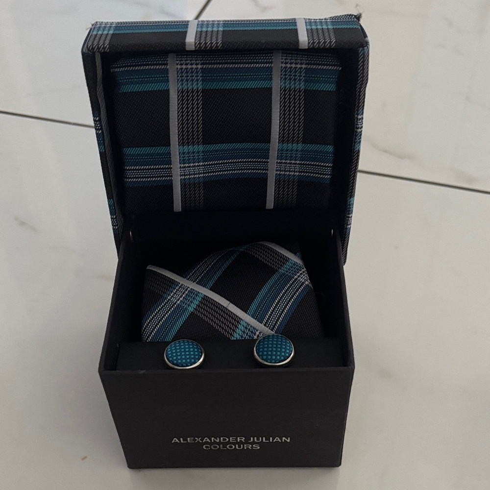 Alexander Julian Teal, Blue and Black Plaid Cufflinks, Tie, and Hanky Set